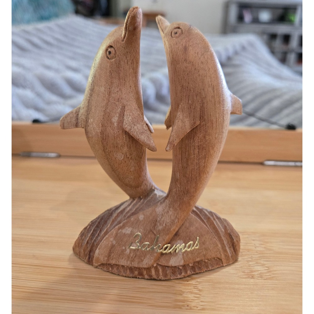 Vintage Bahamas Hand Carved Wood Double Dolphin Figurine Nautical Decor 5.5 inch